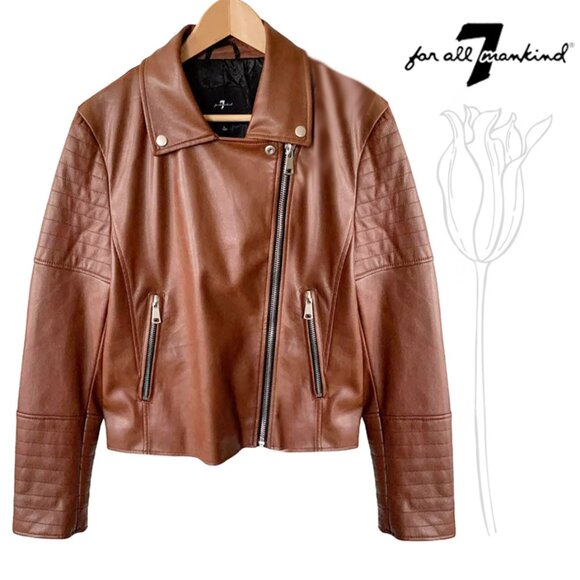 7 For All Mankind Brown Faux Leather Moto Jacket - Picture 1 of 11